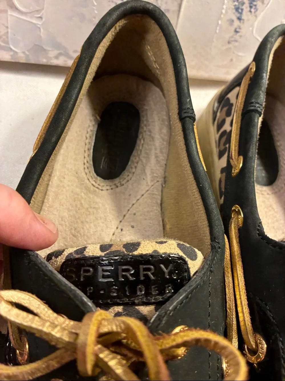 Genuine Sperry Black Leather Boat Shoes with Leopard Accent - Women’s Size 7.5